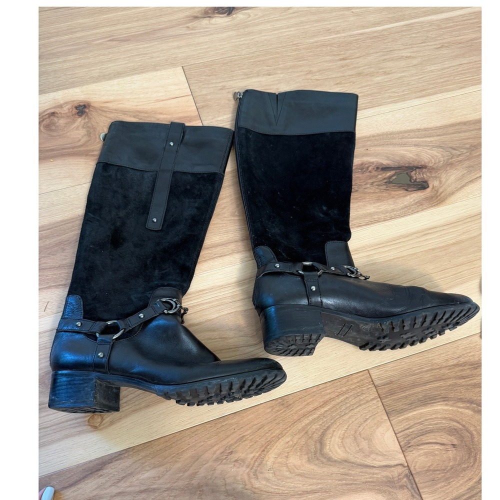Etienne Aigner Viola Riding Boots  Black Suede Leather Harness Lug Sole Back Zip